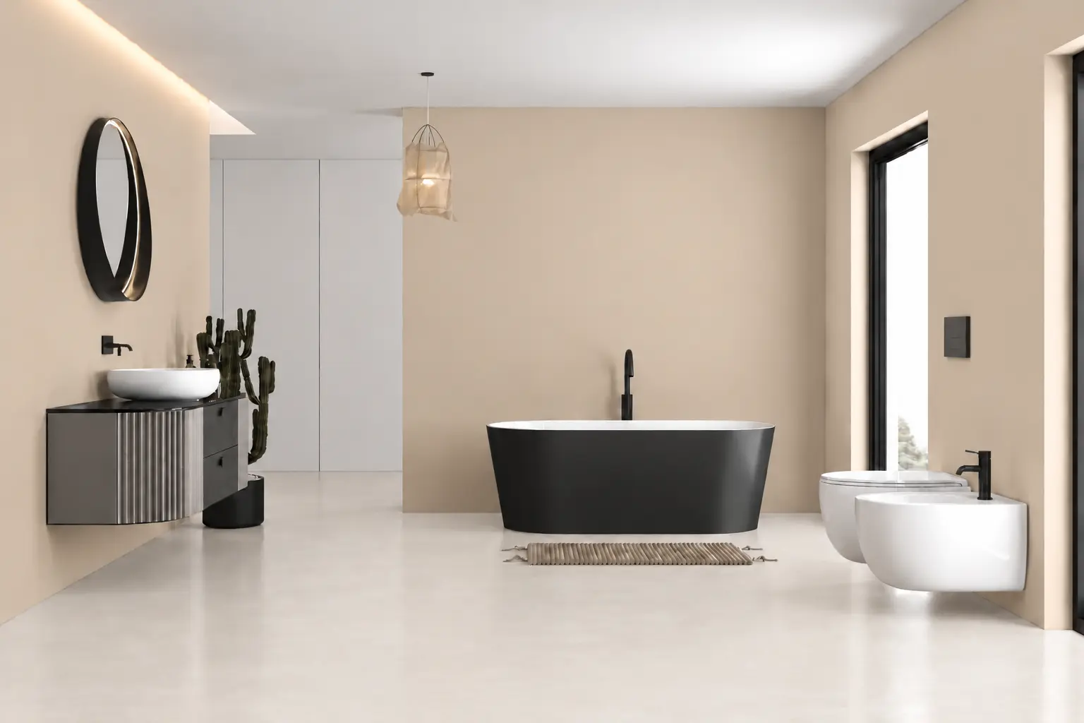 Baderom ND MicroCement farve Arctic Grey gulv og Clear Skagen vegg Bad med ND MicroCement farve Silke på gulv og Sophisticated Red på væg
