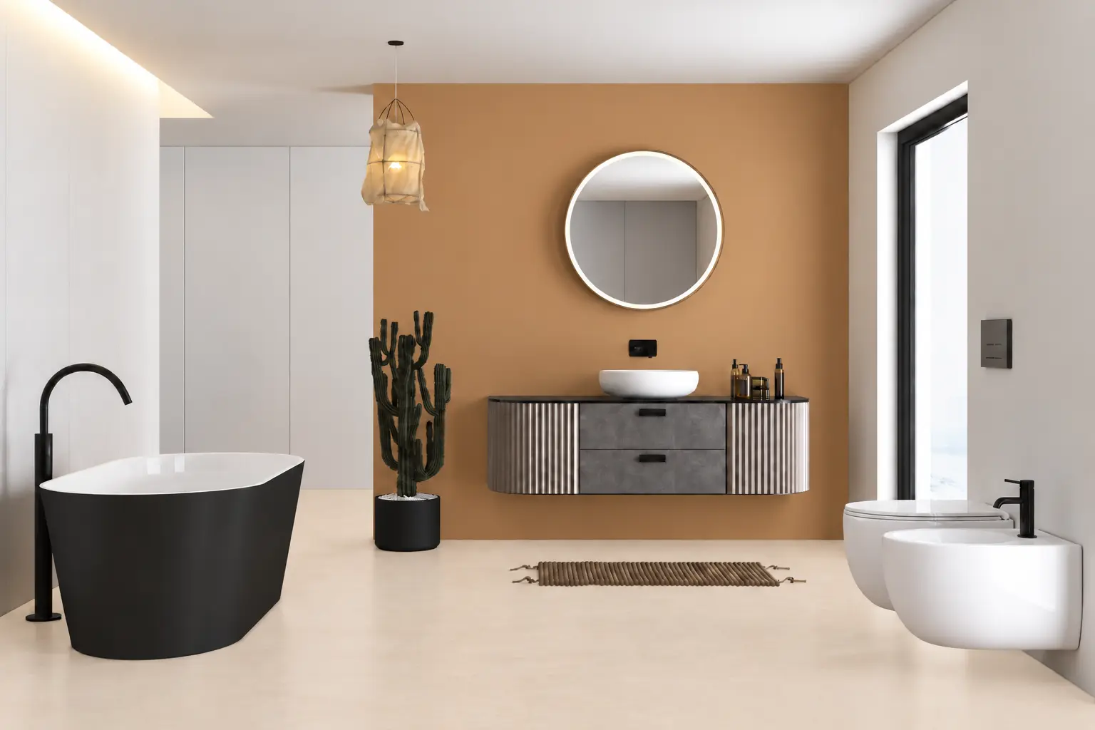 Baderom ND MicroCement farve Barley Beige gulv og Eternal Terra vegg