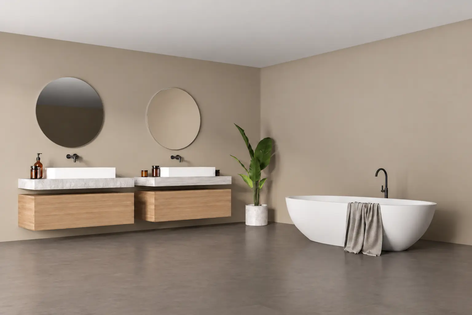 Baderom ND microCement farve Intense Roubaix gulv og Caramel Dust vegg