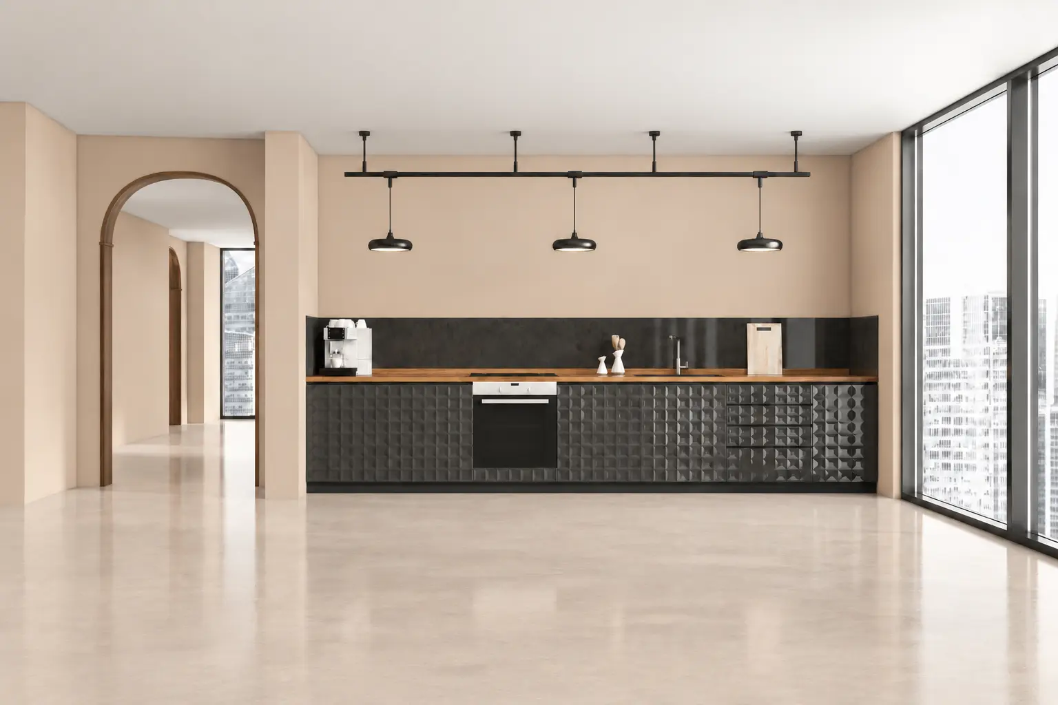 Kjøkken ND MicroCement farve Barley Beige gulv og Light Clear Skagen vegg