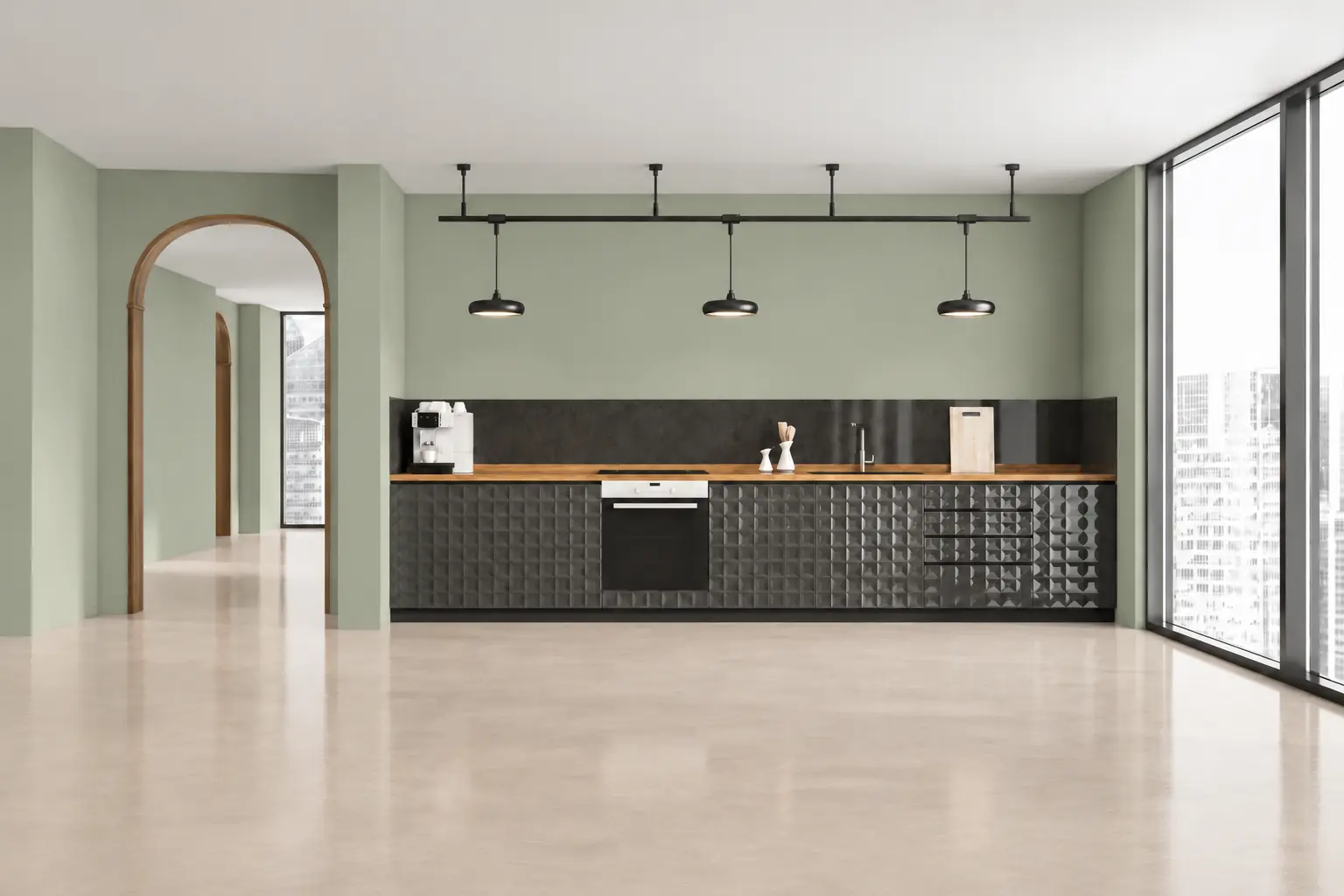 Kjøkken ND MicroCement farve Barley Beige gulv og Light Oiven Green vegg Bad med ND MicroCement farve Silke på gulv og Sophisticated Red på væg