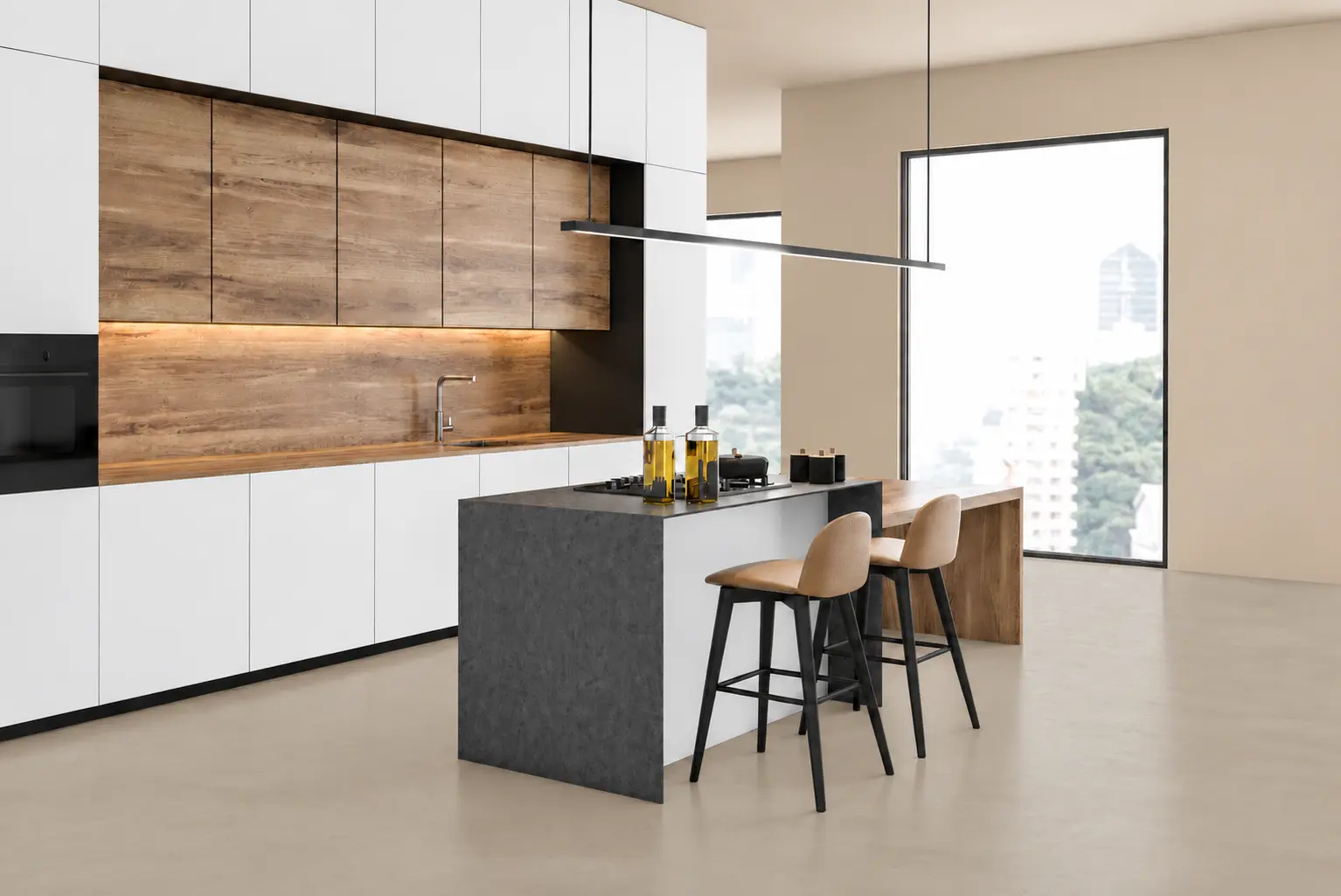 Kjøkken ND MicroCement farve Caramel Dust gulv og Clear Skagen vegg Køkken med ND MicroCement farve Space på gulv
